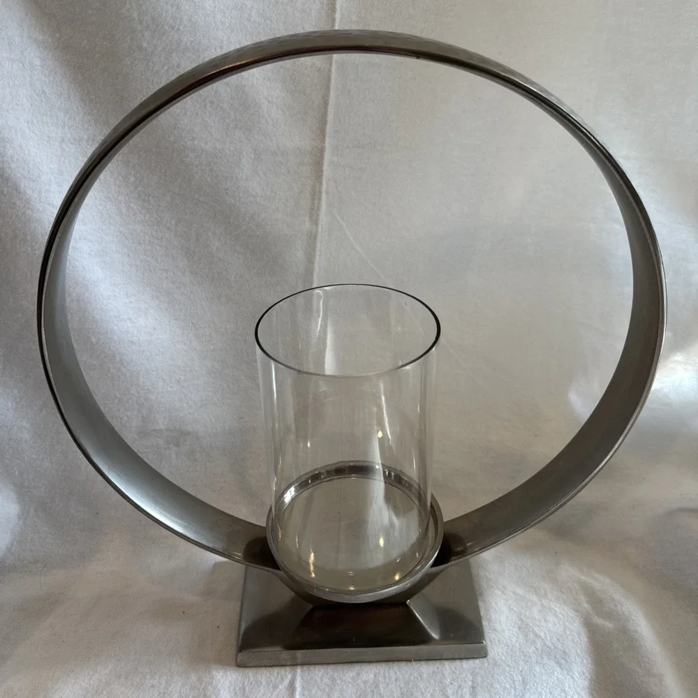 Modern Hammered Silver Halo Ring Candle Holder Sphere Hurricane Glass 15